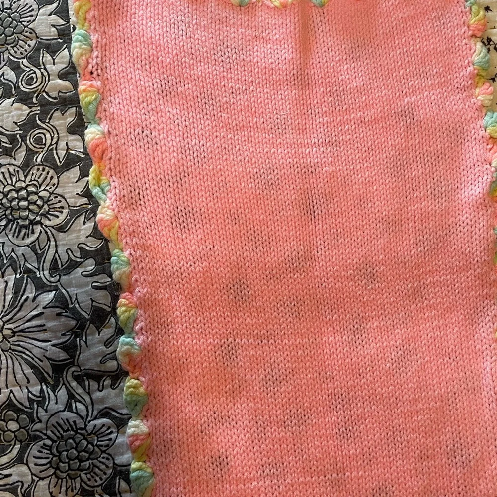 Pink Knit Vintage Crochet Baby Blanket with Multicolor Trim